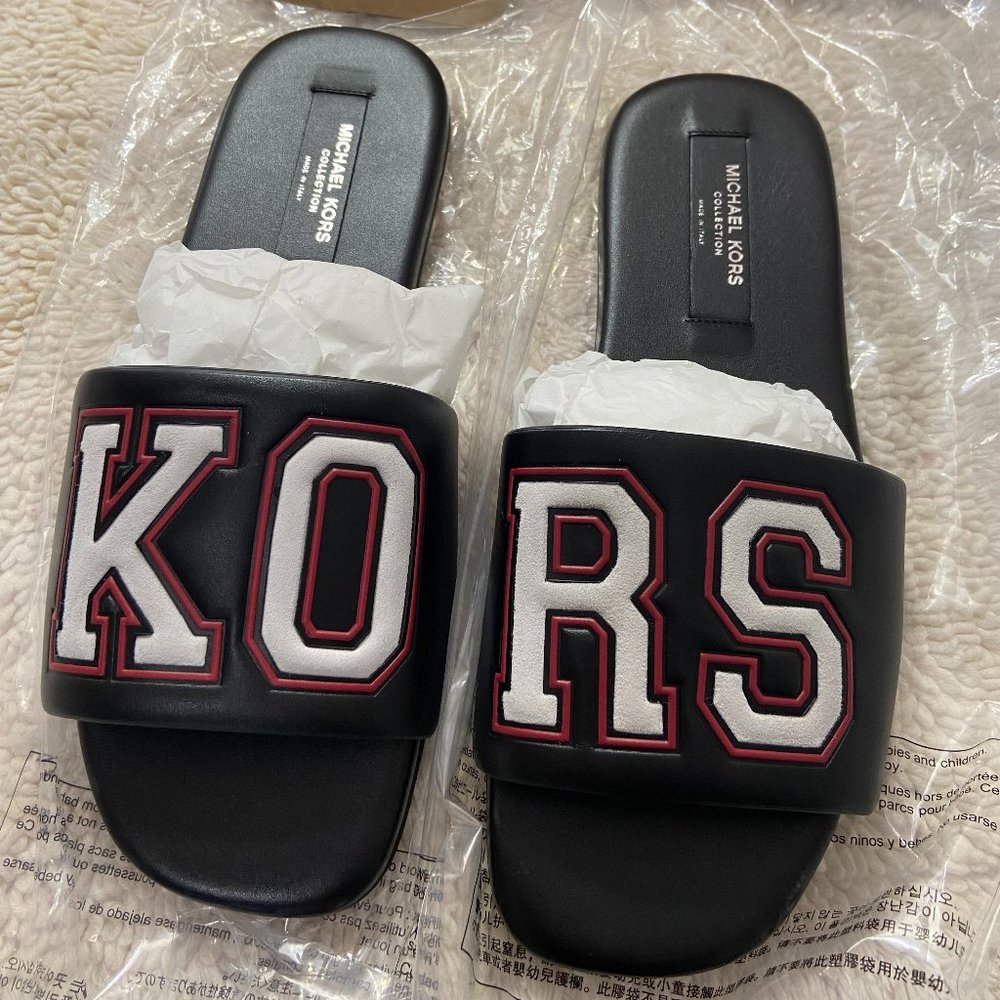 Michael Kors, Delphine Kors Varsity Calf Leather Slide Sandal, Women's Size 6